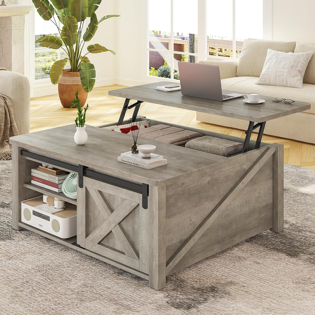 SEDETA 31.5' Lift Top Coffee Table with Storage, Square Coffee Tables for Living Room, Farmhouse Coffee Table with Large Hidden Storage Compartment and Adjustable Shelves, Grey