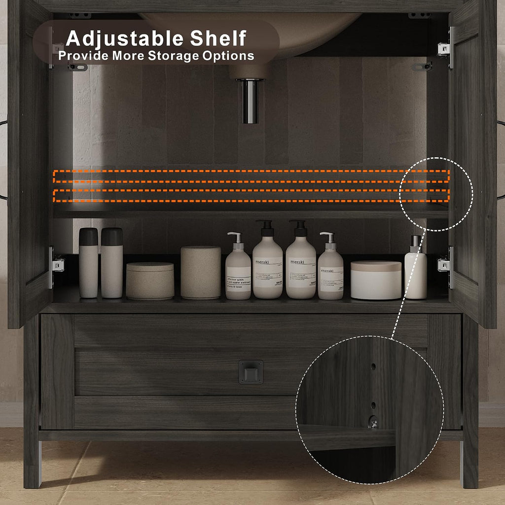 KIGOTY 30 Inch Farmhouse Bathroom Vanity Without Sink, Wooden Bathroom Storage Cabinet Without Countertop, Freestanding Bathroom Cabinet with 2 Doors and 1 Drawer