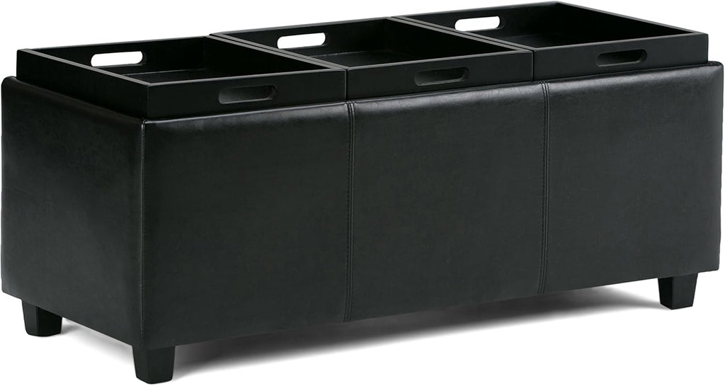 SIMPLIHOME Avalon Storage Ottoman - 42 inch Wide Upholstered Vegan Leather Rectangular Flip-Top Ottoman in Midnight Black, Contemporary Storage Coffee Table Ottoman for Living Room with Hidden Storage