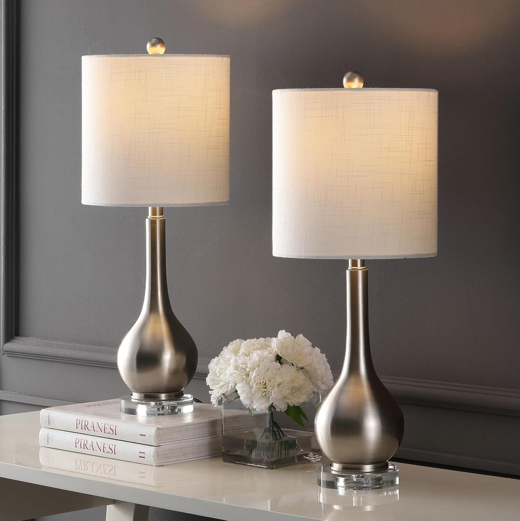 JONATHAN Y 25' Nickel Metal and Crystal Teardrop LED Table Lamp for Bedroom Living Room Bedside Nightstand, White Linen Drum Shade, LED Bulb Included, Set of 2 (JYL5010B-SET2)