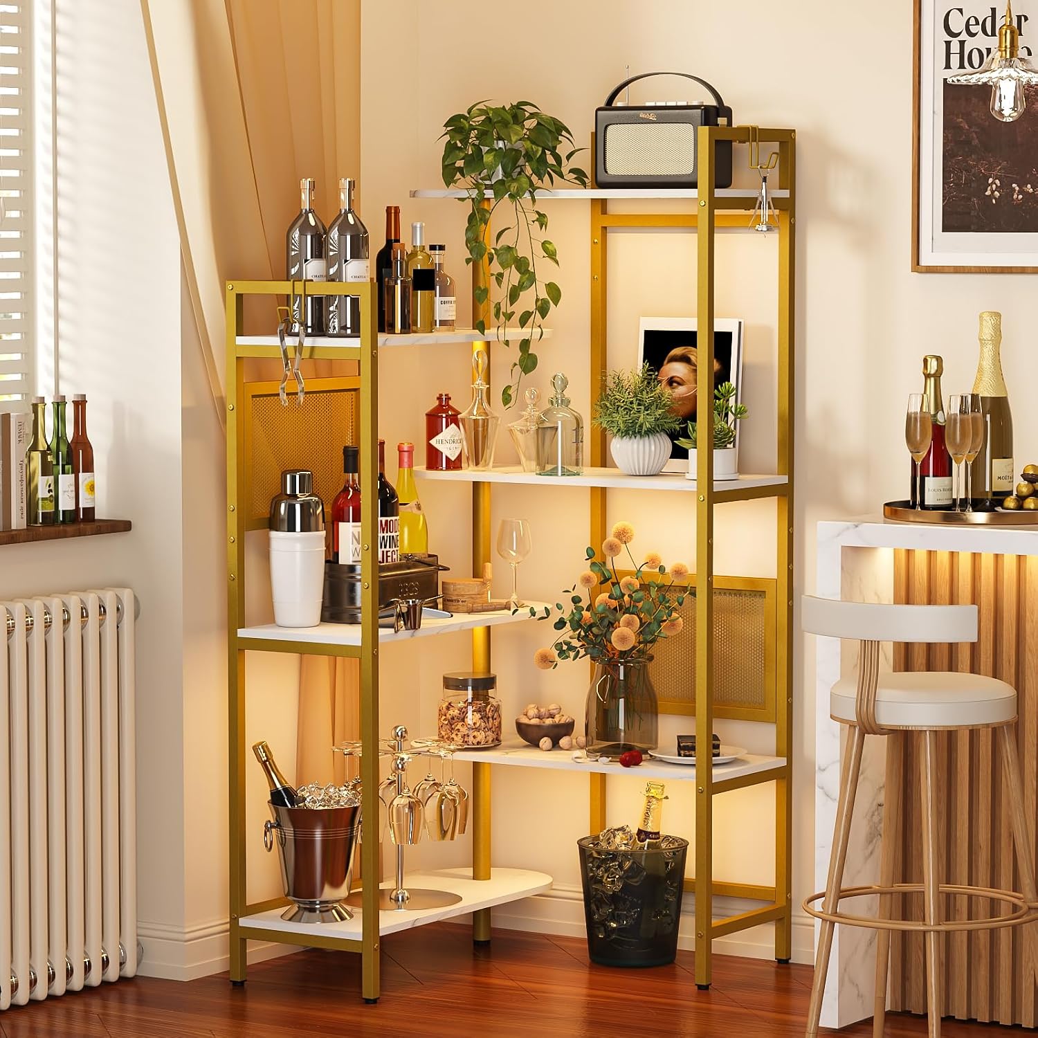 Gezen 6-Tier Ajustable Corner Bookshelf Modern Wood Bookcase for Home Office, Open Standing Shelf with Metal Frame, Wood and Metal Corner Bookcase for Living Room/Study Room/Bedroom(White, Gold)