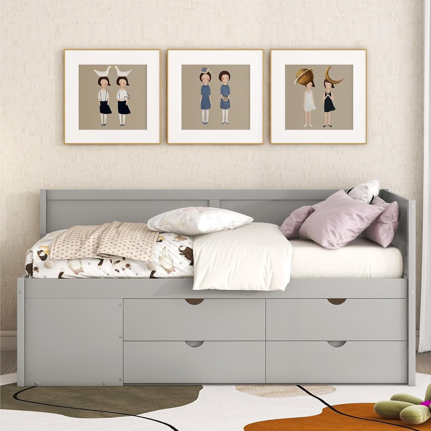 Harper & Bright Designs Twin Corner Bed Frame with Storage Drawers, L-Shaped Daybed with Storage Shelves, for Kids Teens Guests,Grey