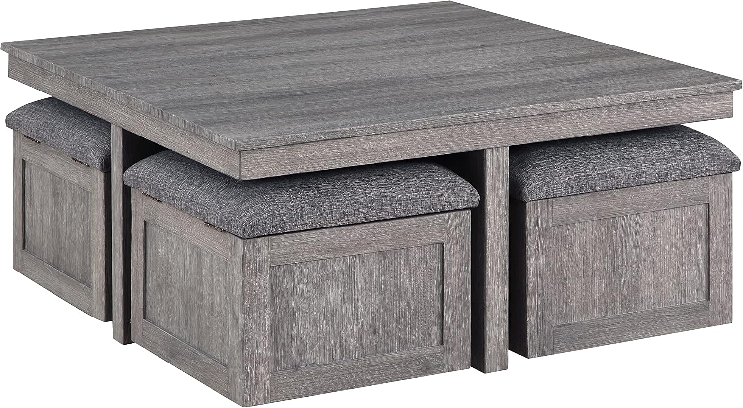 Lilola Home Moseberg 38' W Distressed Gray Square Coffee Table with Faux Concrete Top – Industrial Modern Living Room Centerpiece with Storage Stools