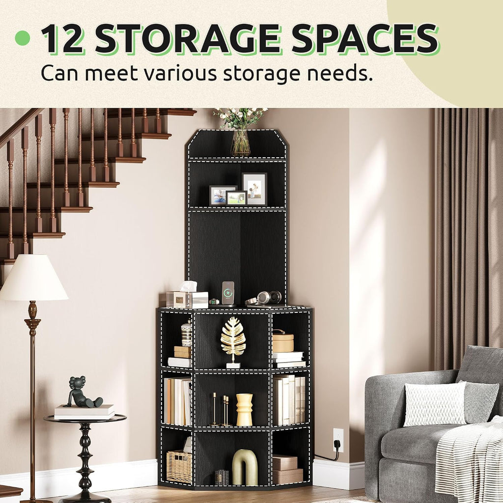 GOOBED Corner Shelf Cabinet, Industrial Corner Storage Rack with Charging Station, Wooden Display Bookshelf Bookcase for Living Room, Bedroom, Dining Room, Kitchen, Black