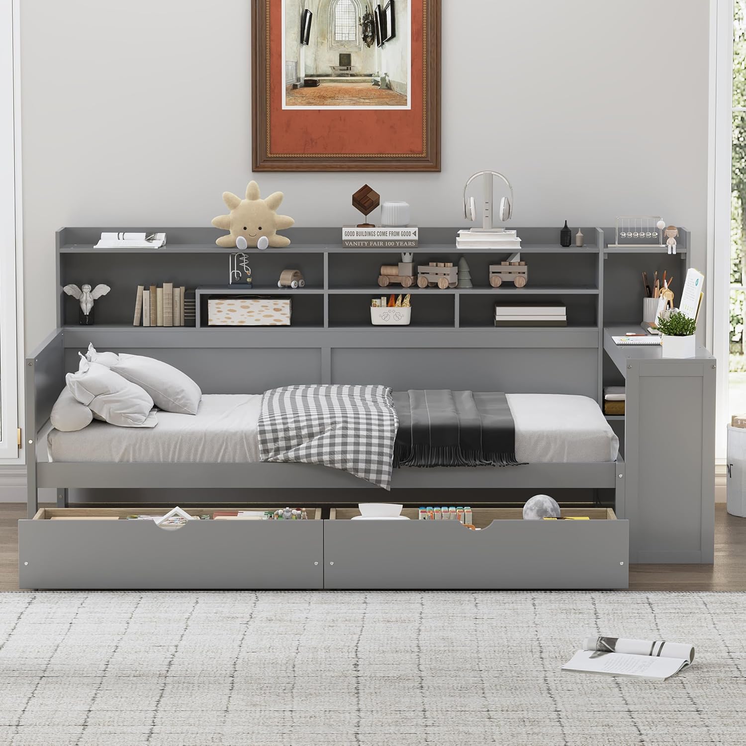 Wooden Twin Size Daybed with Storage Drawers and Shelves Corner Bed Frame with Desk - Grey