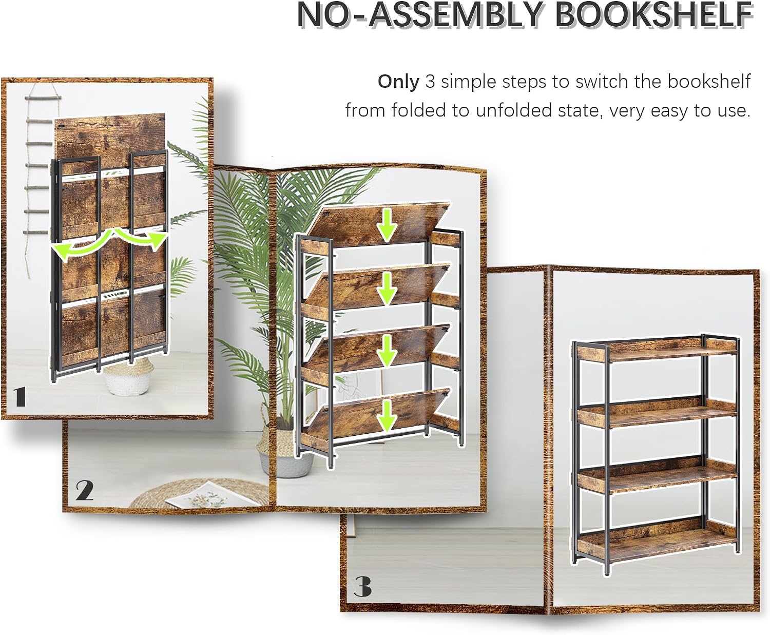 4NM Extra Wdie No Assembly Folding Bookshelf, 50.8' H x 30.9' W, 4 Tier Collapsible Book Shelf Bookcase Foldable Shelves for Bedroom Living Room Home Office - Rustic Brown & Black