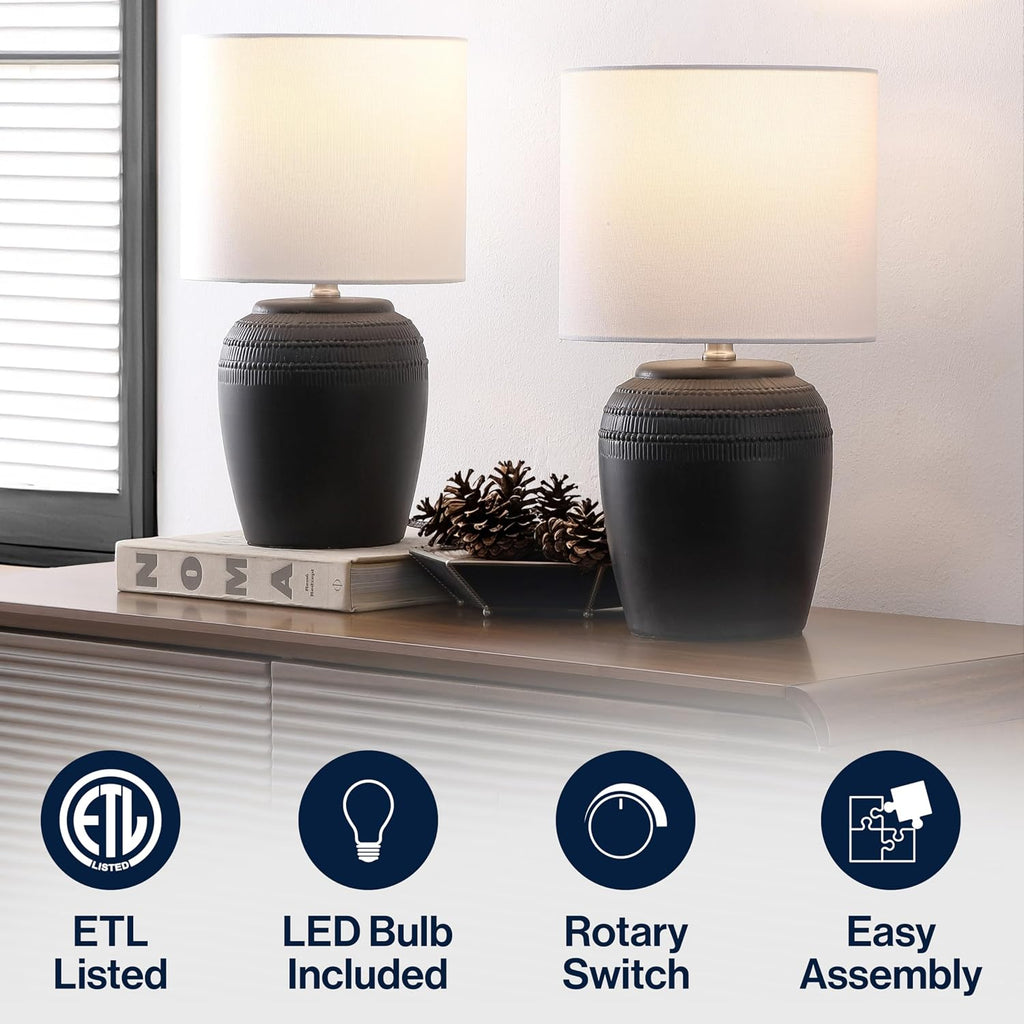 JONATHAN Y 16.75' Black/Nickel Ceramic Table Lamp Set of 2, Rustic Traditional Reeded Vase Lamps with White Linen Shade for Bedroom Living Room Decor JYL5707A-SET2