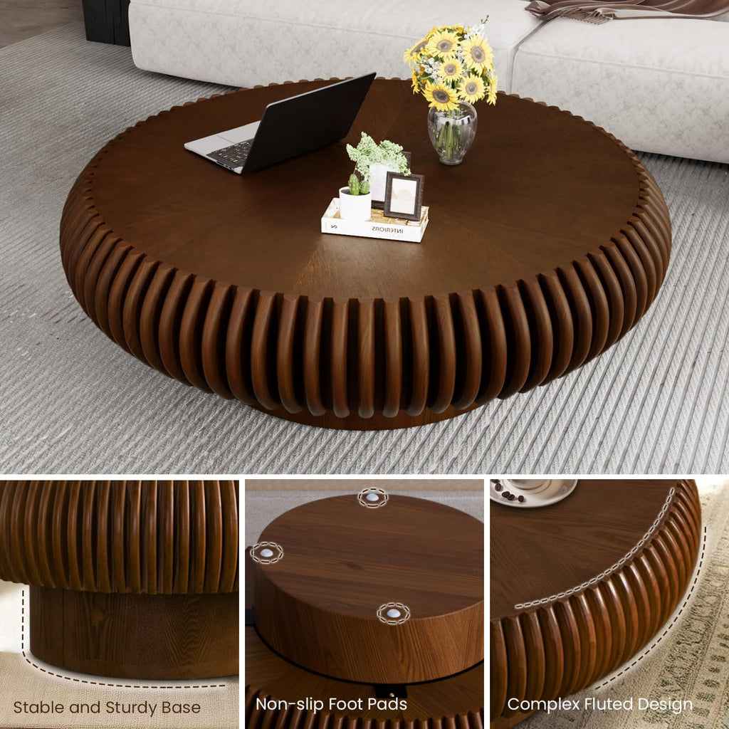 39.3' Drum Coffee Table Modern Unique Fluted Tea Table Contemporary Wood Round Coffee Table with Fluted Centry Table for Living Room Walnut (39.3' Walnut)