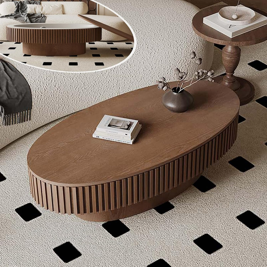 Oval Coffee Table with Storage, Modern Walnut Coffee Table with Solid Wood Veneered, Fluted Center Table Wood Drum Tea Table for Living Room Apartment, 47.2''L×23.6''W×14.2''H