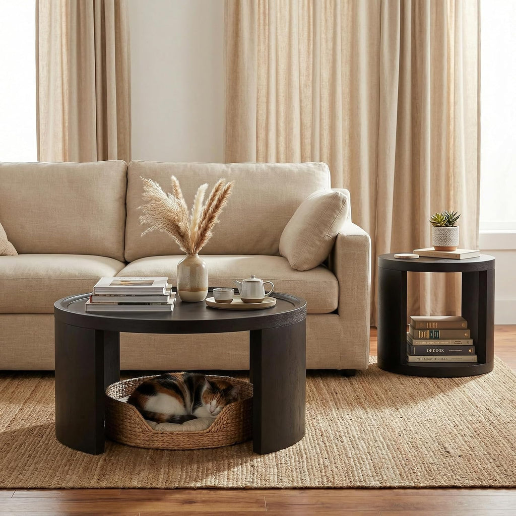 Round Nesting Coffee Table Set of 2, Black Coffee Table, 31.5' Large & 18' Small Low Tables with Wood Top, Center Table for Living Room, Bedroom, Minimalist Center Table Set