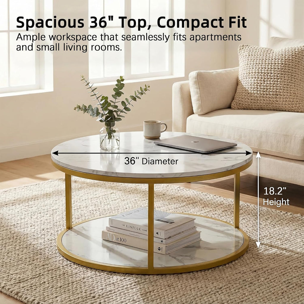 YESHOMY 36' Round Coffee Table, 2-Tier Wood Center Table with Storage Shelf, Heavy-Duty Metal Frame, Easy Assembly, Ideal for Living Room & Small Spaces, Black