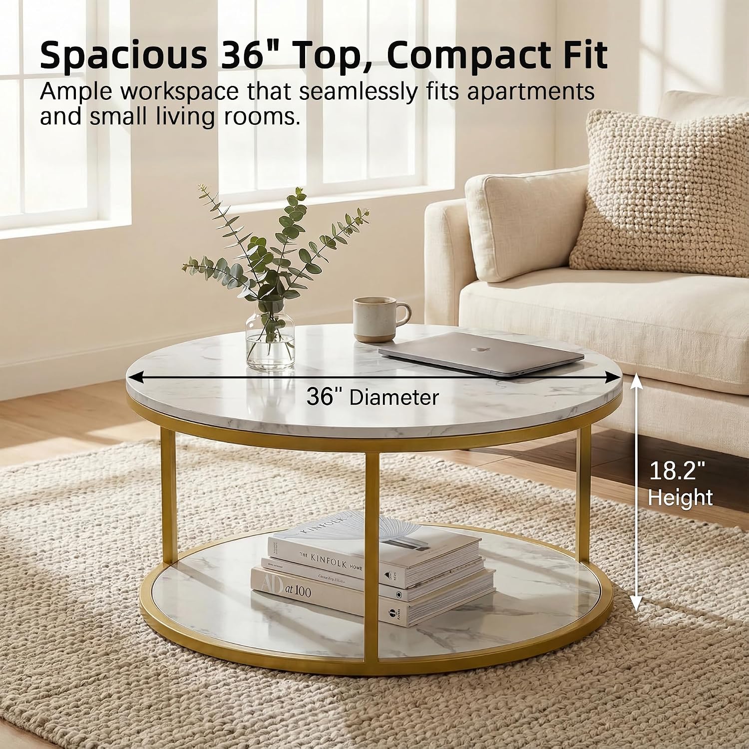 YESHOMY 36' Round Coffee Table, 2-Tier Wood Center Table with Storage Shelf, Heavy-Duty Metal Frame, Easy Assembly, Ideal for Living Room & Small Spaces, Black