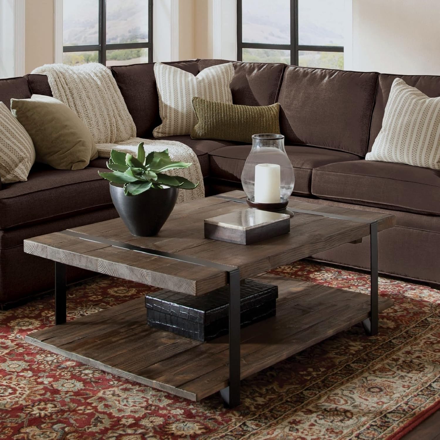 Alaterre Furniture Modesto 48-Inch Reclaimed Wood Coffee Table, Rustic Natural Pine Finish with Metal Strap Legs, Powder-Coated Steel Base, Protective Felt Pads, Ideal for Living Room and Accent Decor