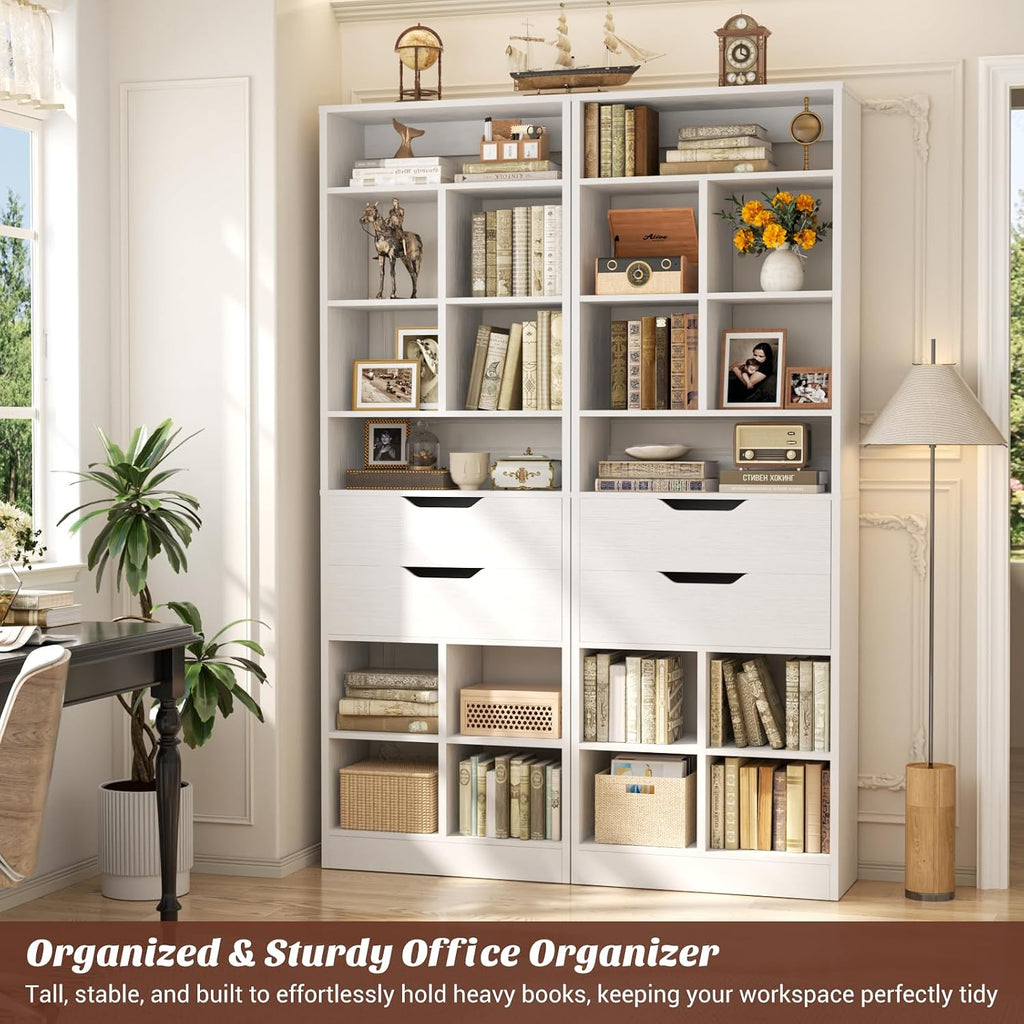 Armocity 9-Tier Tall Bookshelf with 2 Drawers, 79.7' Narrow Freestanding Bookcase, Space-Saving Wood Display Shelves Storage for Living Room, Home Office Bedroom, White