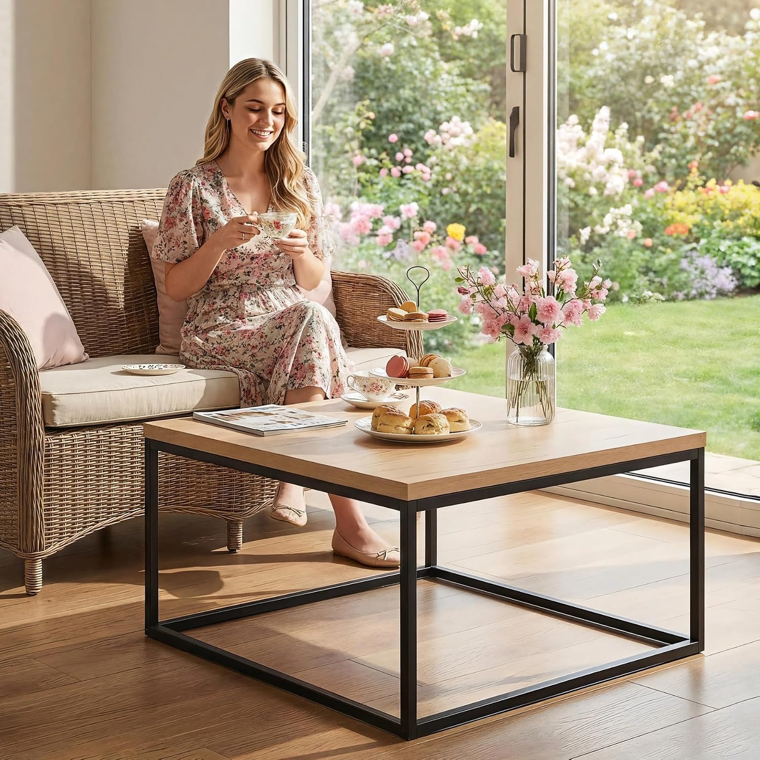 CENSI 30' Square Coffee Table, Natural Oak Light Wood Center Table for Living Room, Modern Industrial Farmhouse Cocktail Table, Extra Thick 1.2' Top with Sturdy Metal Frame, Scandi Style