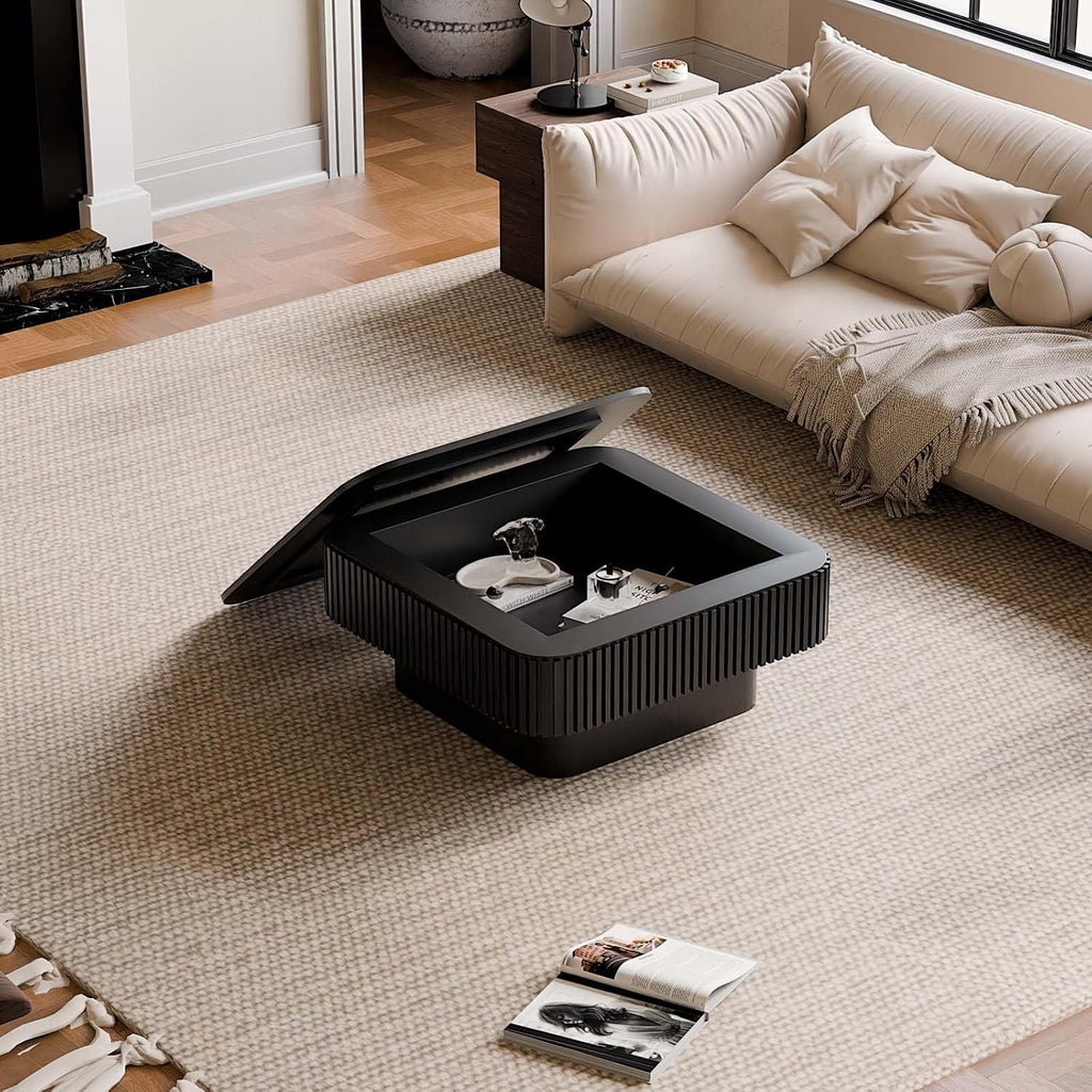 Square Small Coffee Table with Storage, Modern Wooden Coffee Table with Solid Wood Veneered, Fluted Center Table Drum Tea Table for Living Room Apartment, 31.5''L×31.5''W×14''H