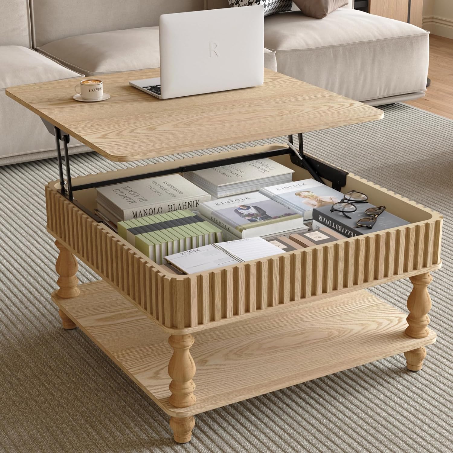 HARR Lift Top Square Coffee Table with Storage, 31.5'' Sofa Side End Table, Fluted Design Hydraulic Raising Mechanism, Hidden Compartment & Open Shelf, Retro Solid Wood Legs for Living Room, Natural