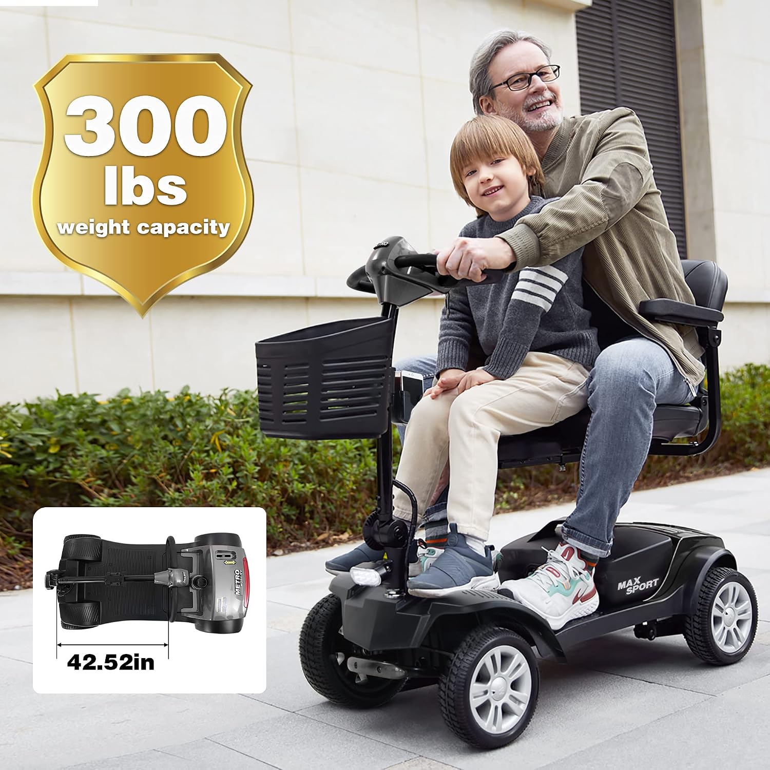 Metro Mobility 4 Wheel Powered Mobility Scooters for Seniors - 300 lbs Capacity Electric Scooter with Seat for Adults, Travel - Long Range Power Extended Battery & Comfortable Larger Legroom - Grey
