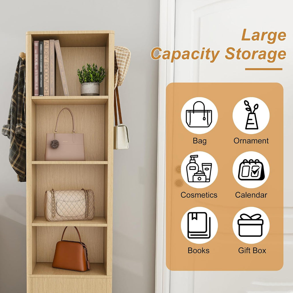 360° Rotating Makeup Storage Cabinet with Full-Length Mirror, Jewelry Armoire Organizer, Freestanding Bookshelf Tower, Coat Hook Stand, Hidden Shelves, Space-Saving Bedroom Furniture (Walnut)