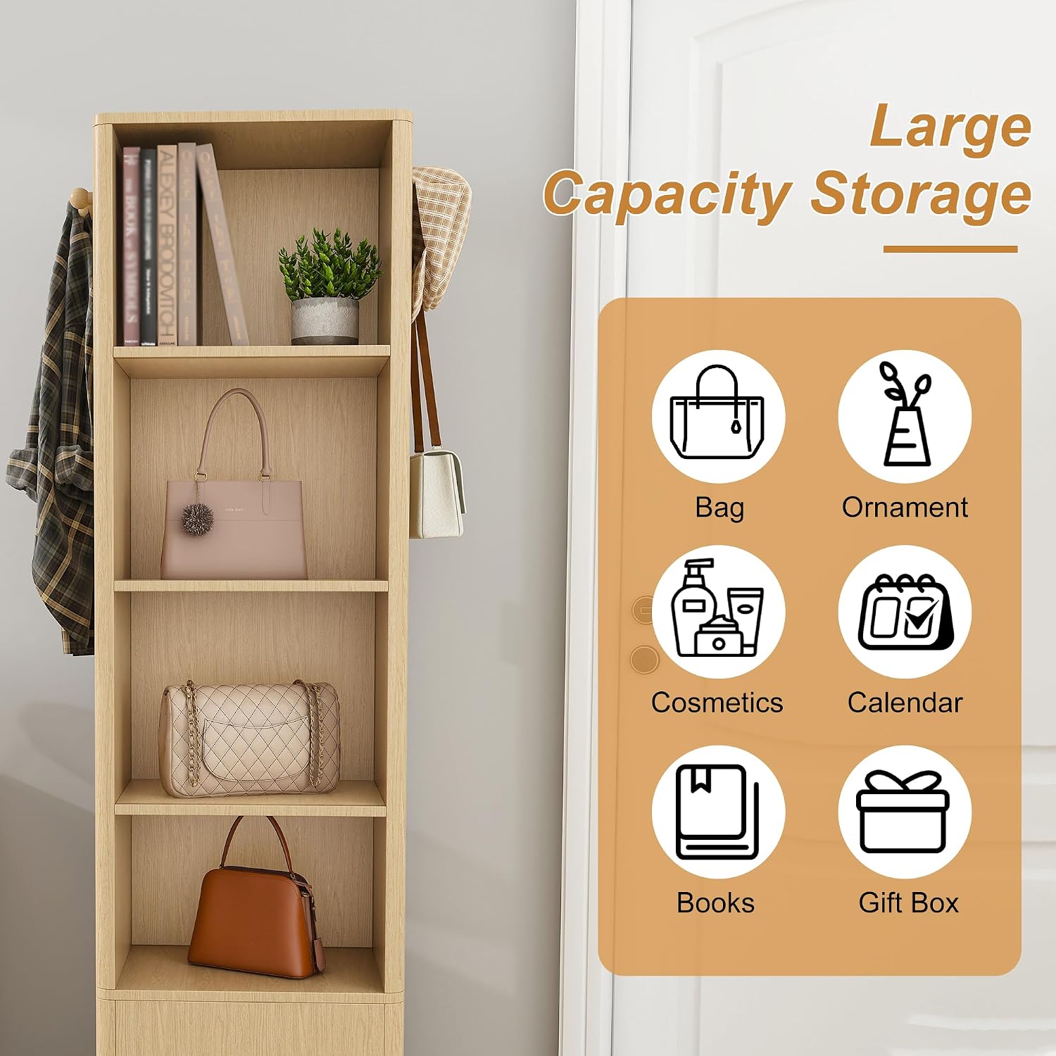 360° Rotating Makeup Storage Cabinet with Full-Length Mirror, Jewelry Armoire Organizer, Freestanding Bookshelf Tower, Coat Hook Stand, Hidden Shelves, Space-Saving Bedroom Furniture (Walnut)