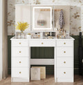 Timechee Vanity Mirror with Lights, Corner Vanity Desk with 9 Storage Drawers, 4 Large Shelves, 3 Color Lighting Options, Vanity Mirror Desk, Makeup Vanity Set for Bedroom,Glass Tabletop, White