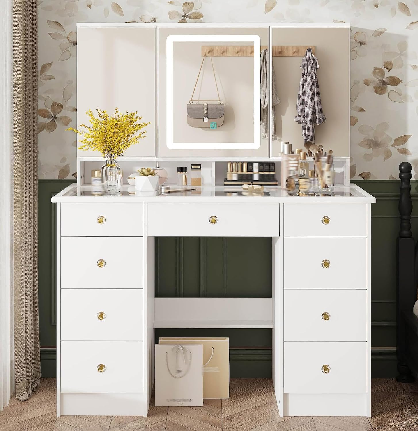 Timechee Vanity Mirror with Lights, Corner Vanity Desk with 9 Storage Drawers, 4 Large Shelves, 3 Color Lighting Options, Vanity Mirror Desk, Makeup Vanity Set for Bedroom,Glass Tabletop, White