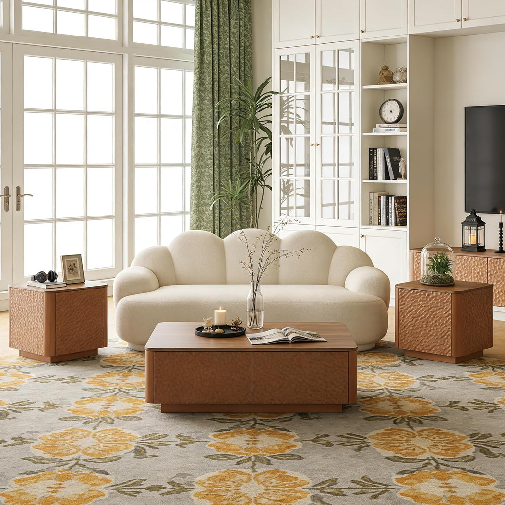 SSLine 47.2' Hammered Wood Coffee Table with 2 Storage Drawers, Modern Rectangle Center Table with Curved Edges & Textured Finish for Living Room Home Office,Brown