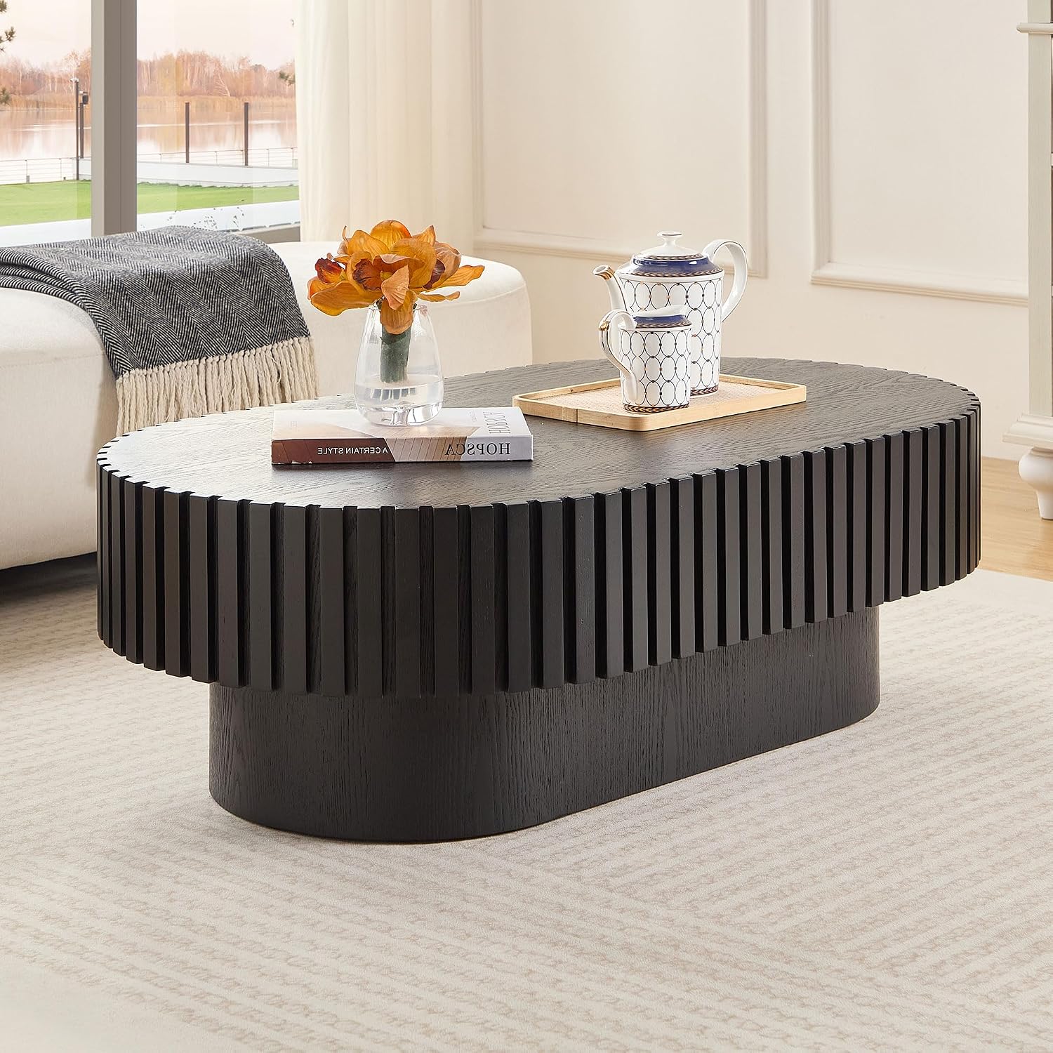 Oval Coffee Table for Living Room Wooden Coffee Table with Pedestal Modern Handcrafted Centre Table Tea Table Easy Assembly 43.7' Black