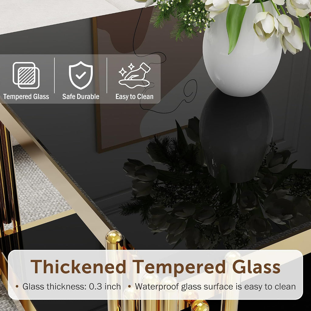 Glass Coffee Table Set of 3, End Table Modern Living Room Table Rectangle Clear Tempered Glass Stainless Steel Leg, Square Side Table for Home Furniture Set (Black, 43' Set of 3)