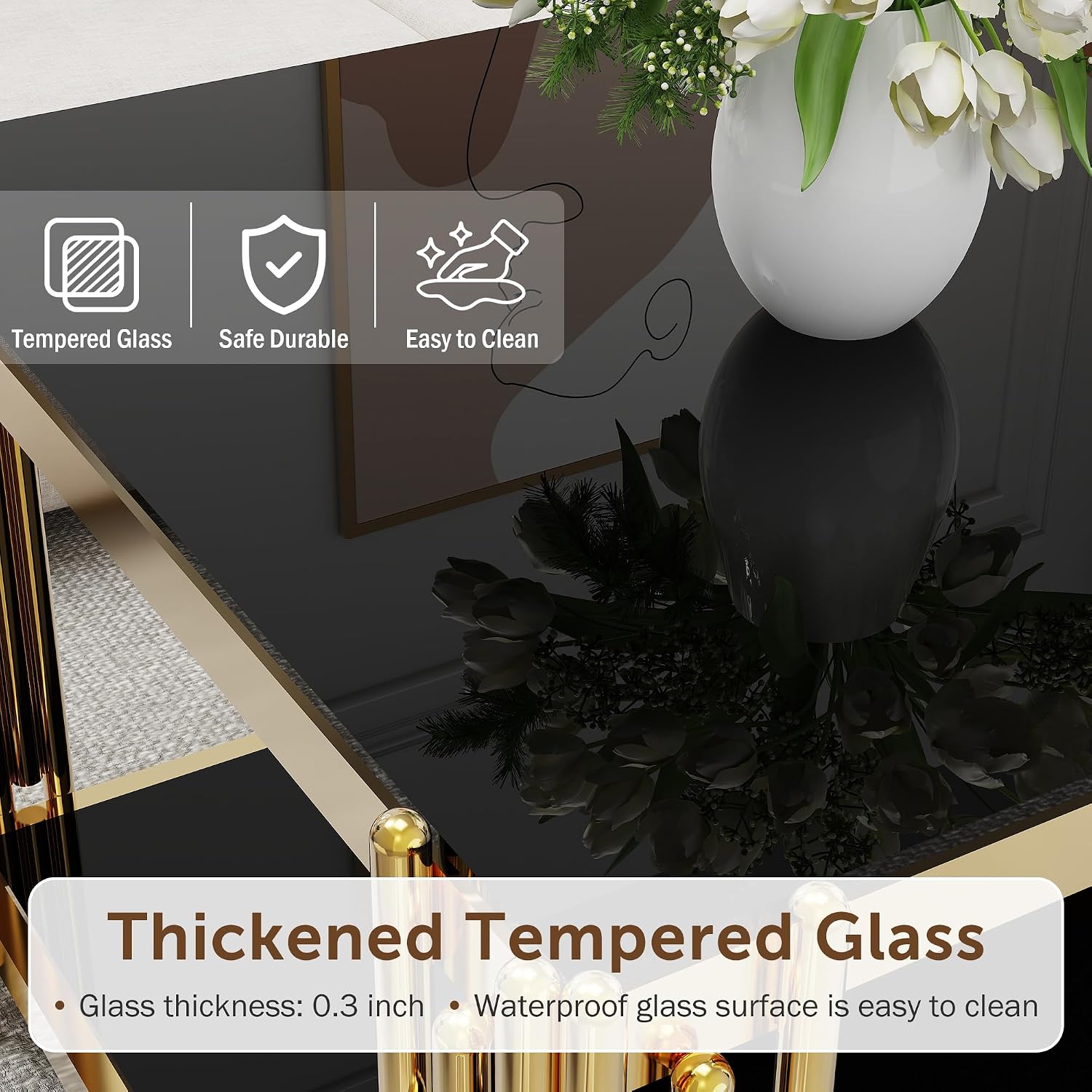 Glass Coffee Table Set of 3, End Table Modern Living Room Table Rectangle Clear Tempered Glass Stainless Steel Leg, Square Side Table for Home Furniture Set (Black, 43' Set of 3)