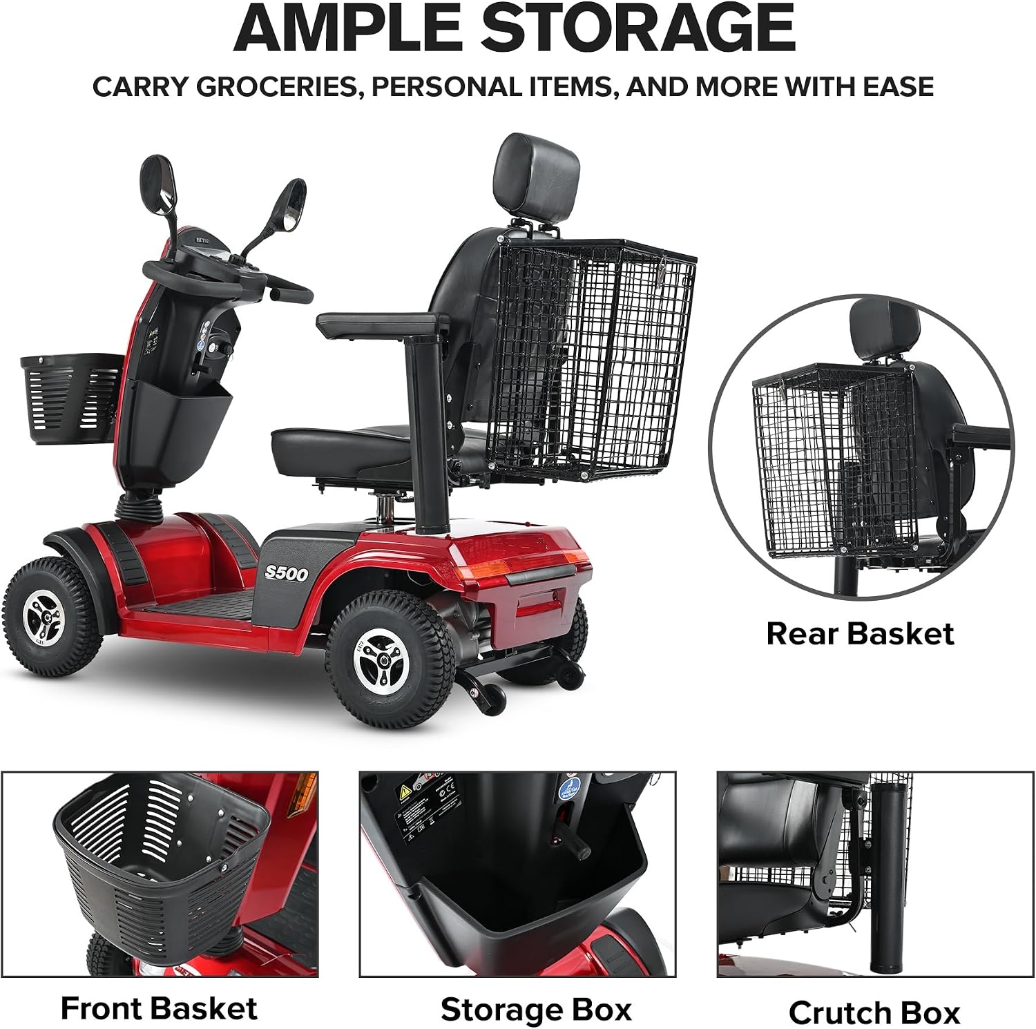 Mobility Scooters for Seniors & Adults 500 Lb Weight Foldable,Heavy Duty 4 Wheel Powered Scooter,Portable Disability Electric Wheelchair,500W Motor,52AH Battery,25 Miles Range,Rear Basket,red