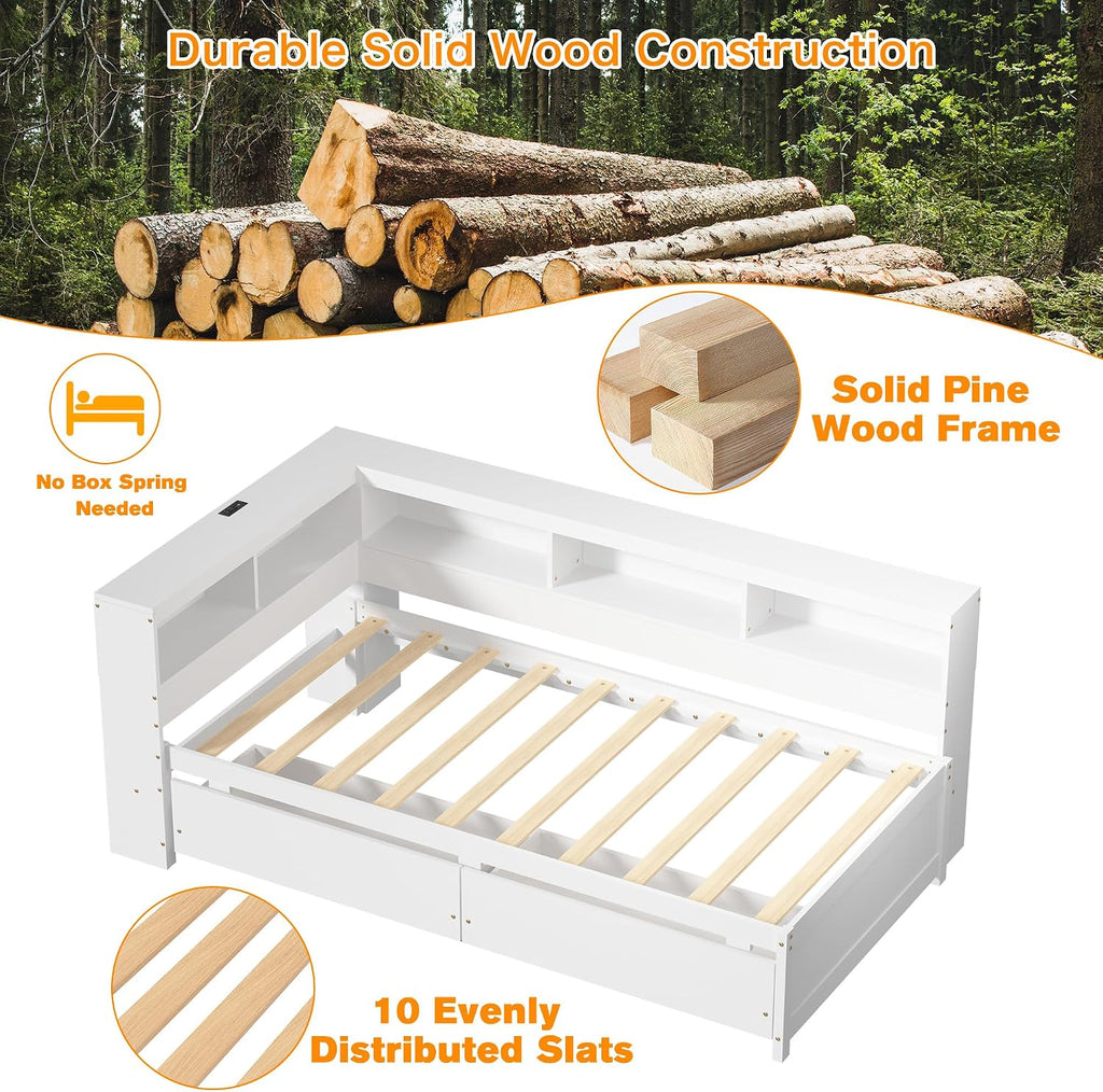 Corner Bed Frame with Bookcase Headboard and Drawers Storage, Twin Size Daybed with Charging Station & LED Lights, Solid Wood Platform Bed with Wooden Slats for Kids Teens Guests, White