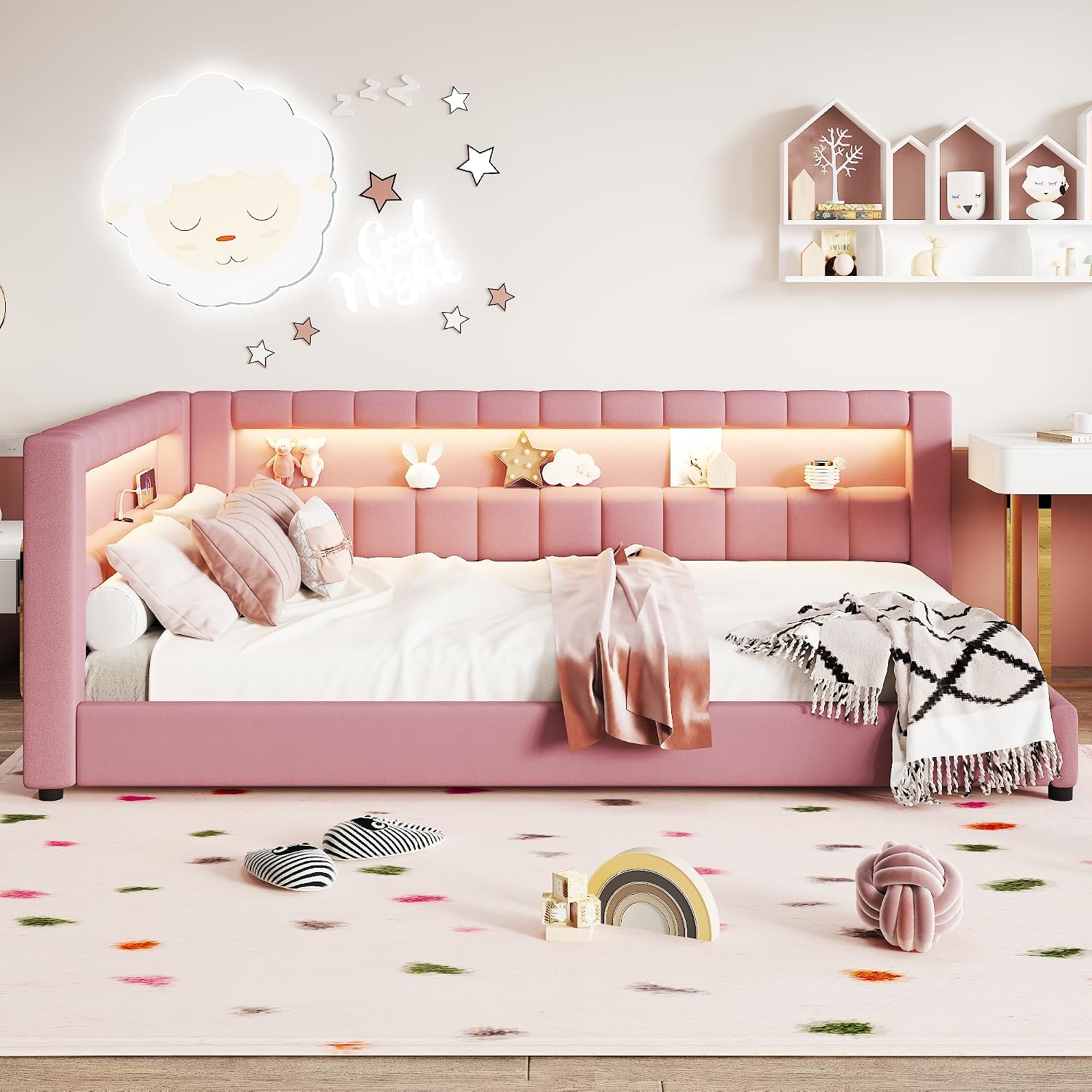 Upholstered Full XL Size Daybed with LED and USB Ports, L-Shaped Corner Day Bed with Storage Shelves Headboard,Space Saving for Girls Adults Kids Boys, Pink