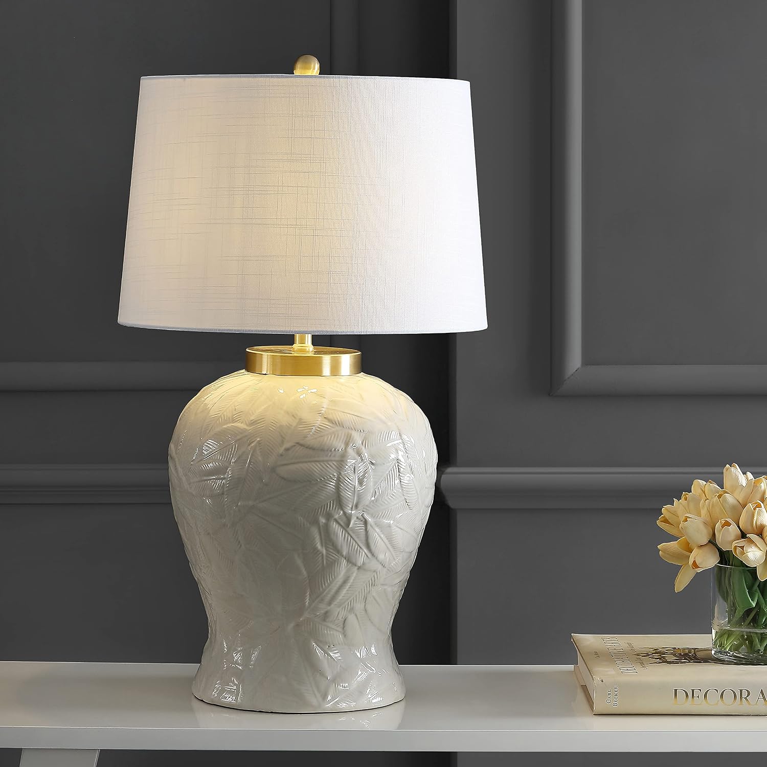 JONATHAN Y 31.5' Cream Ceramic Palm Leaf Table Lamp, Bohemian Cottage Tropical Pattern Lamp for Bedroom Living Room, White Linen Empire Shade, LED Bulb Included JYL6617A