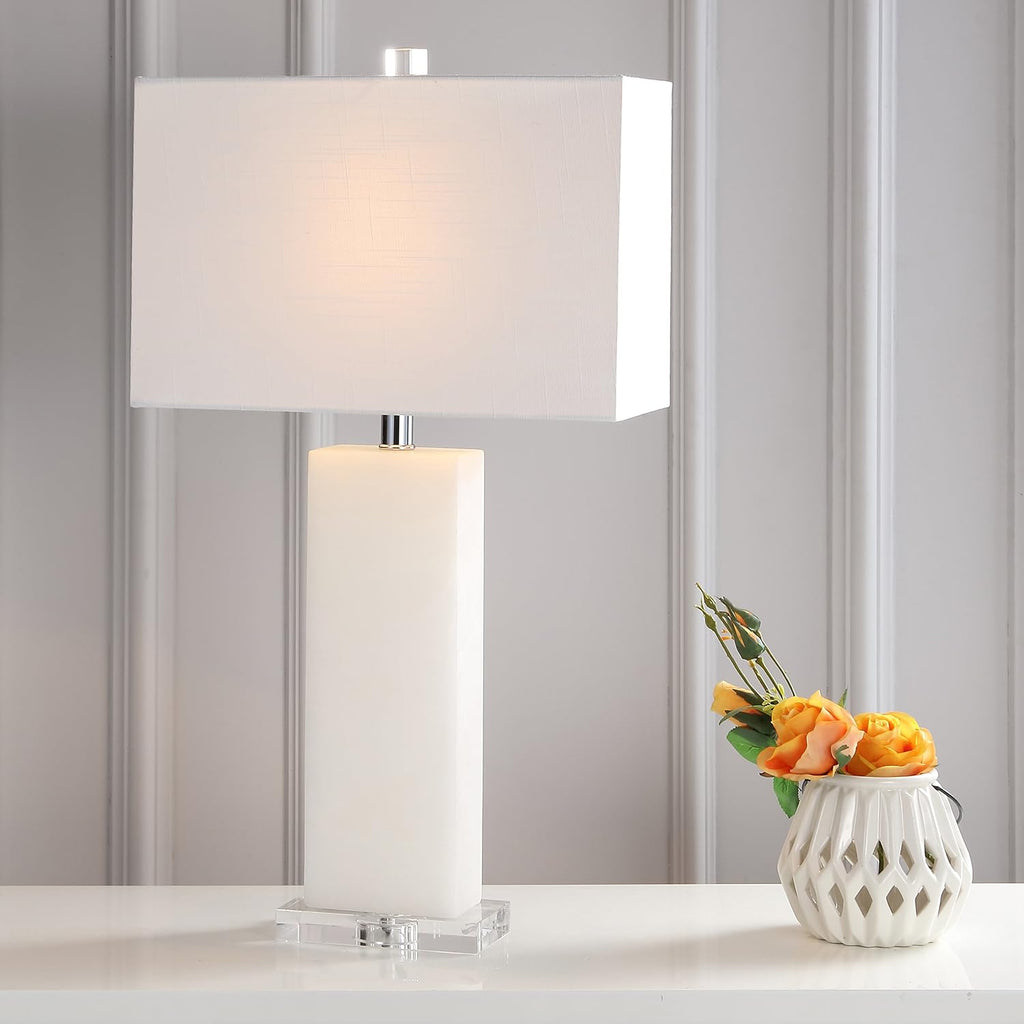 JONATHAN Y 27' White Alabaster Rectangular Table Lamp Contemporary Modern Bedside Nightstand Lamp for Living Room Bedroom with White Linen Shade LED Bulb Included JYL2009A