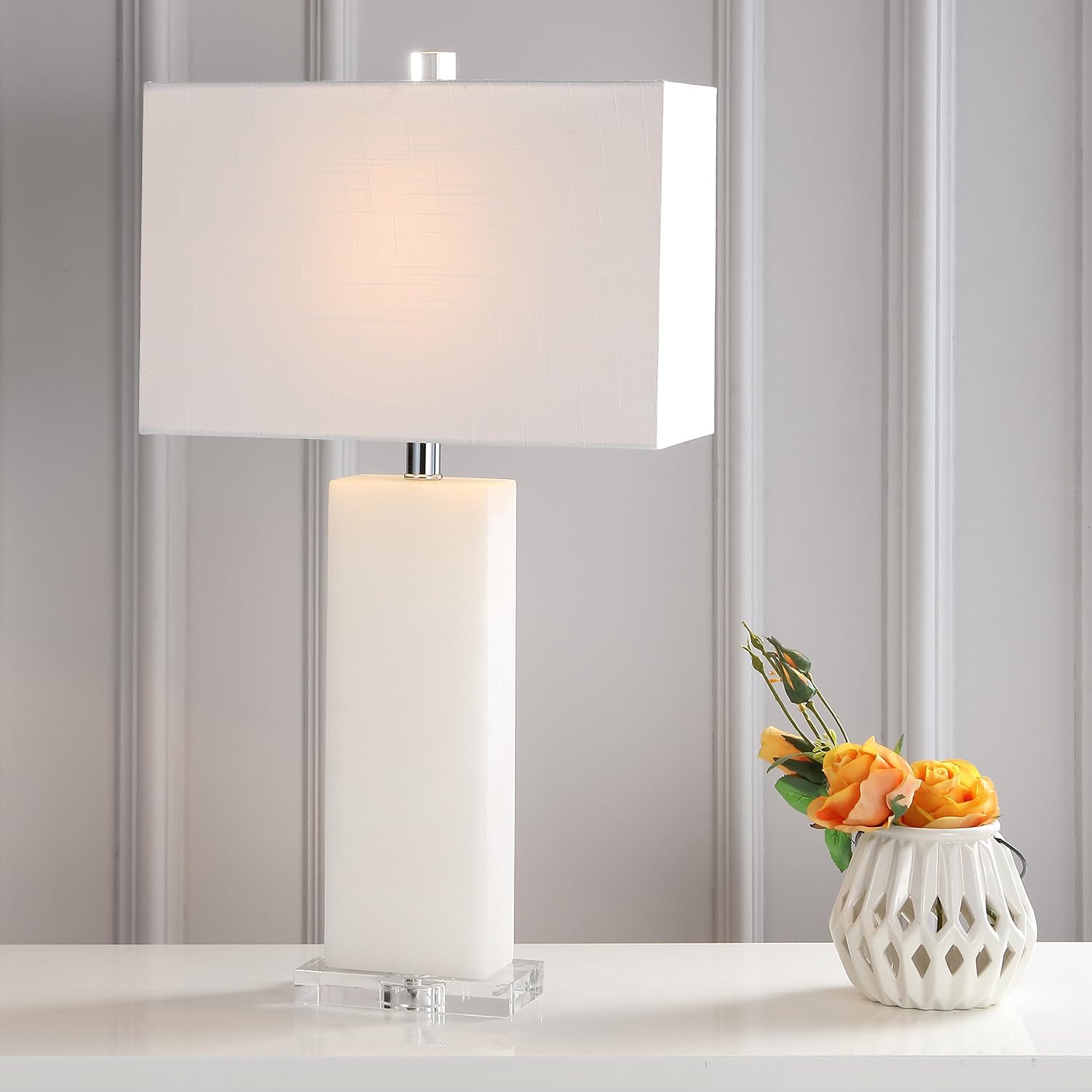 JONATHAN Y 27' White Alabaster Rectangular Table Lamp Contemporary Modern Bedside Nightstand Lamp for Living Room Bedroom with White Linen Shade LED Bulb Included JYL2009A