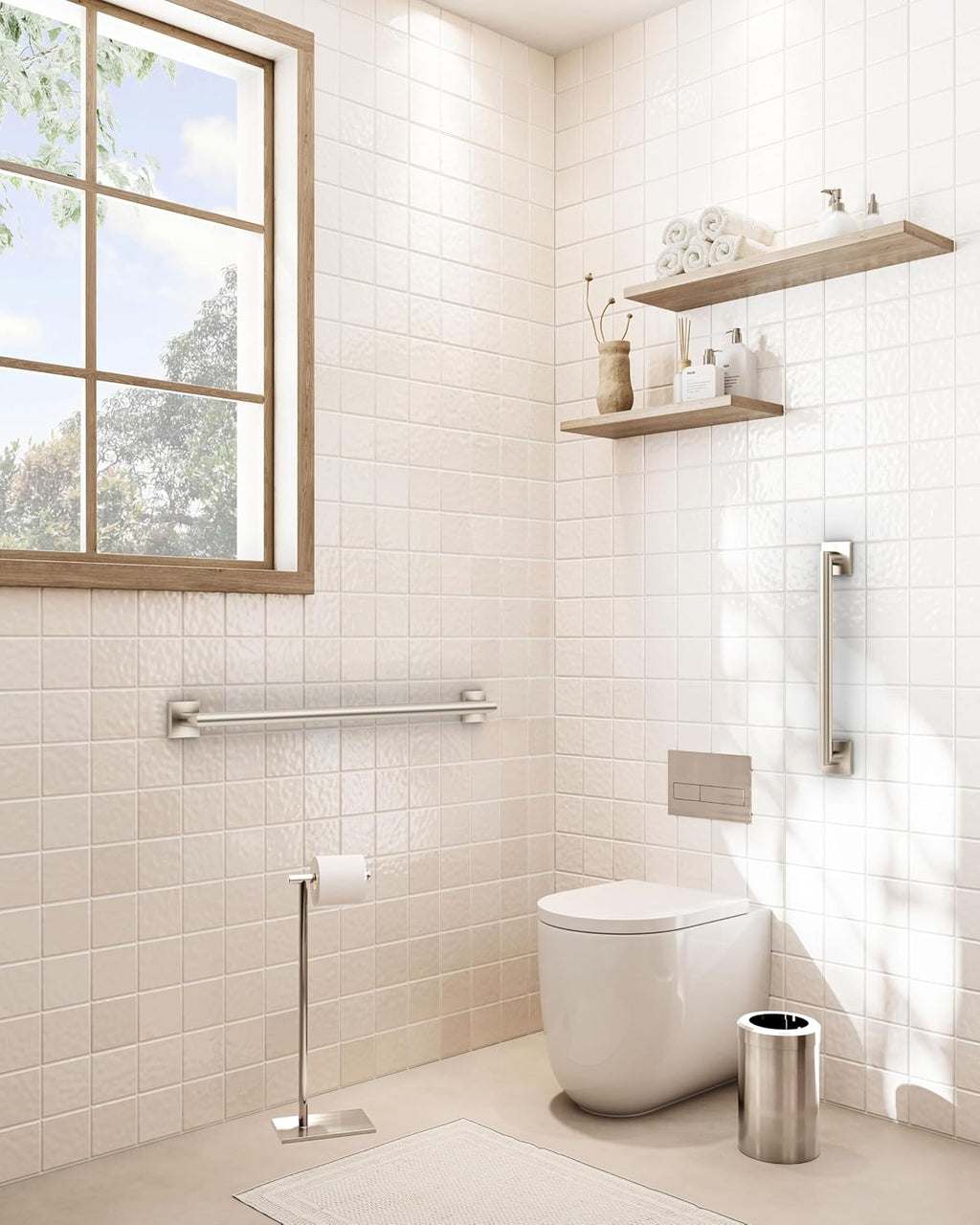 Gatco 662SN Glam Too ADA Compliant 24-Inch Grab Bar, Satin Nickel Wall Mounted Stainless Steel Bathroom Safety Grab Bar, Heavy-Duty Shower & Bathtub Support Handle for Elderly & Handicap Assistance