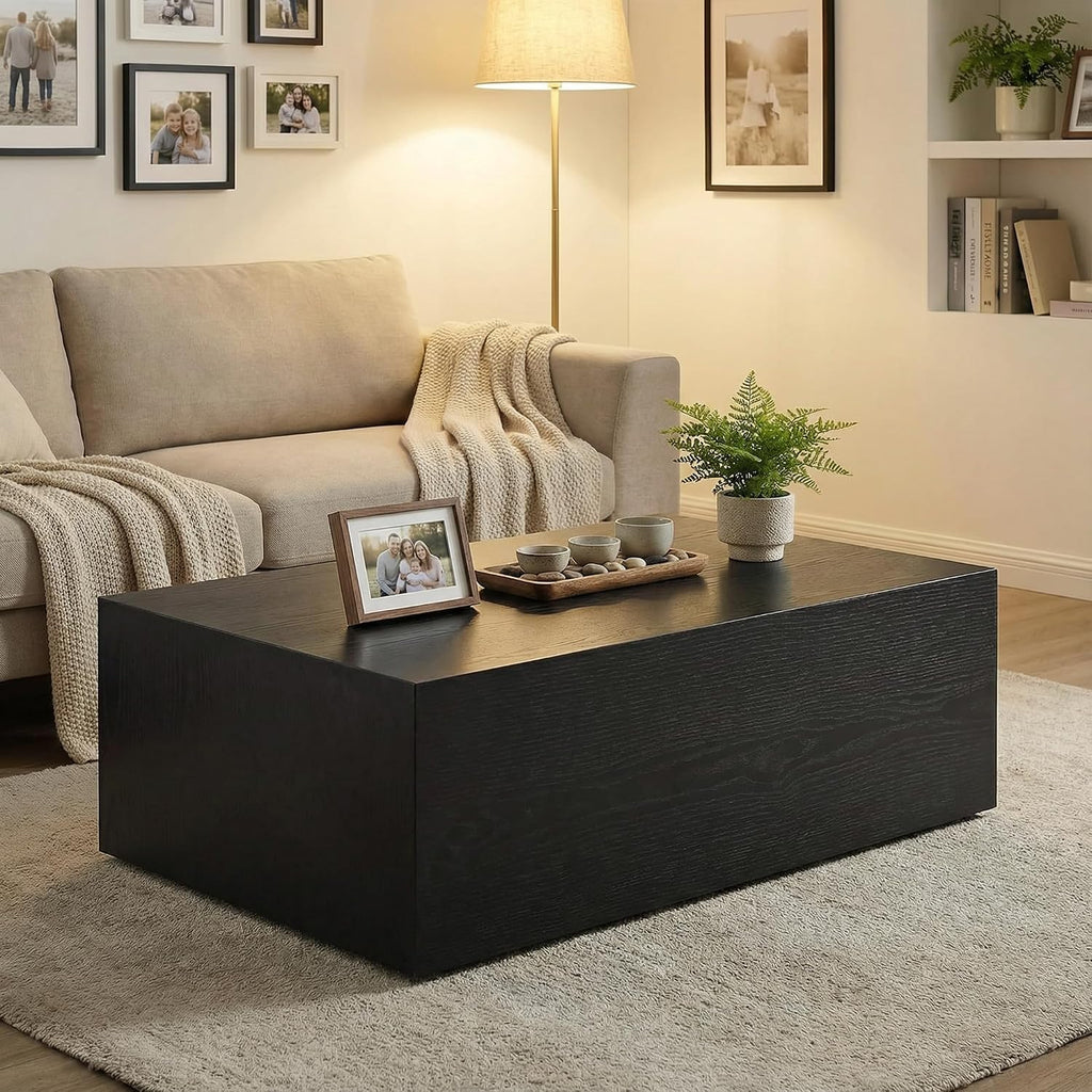 Rectangular Cube Coffee Tables, 300 lbs Minimalist Wood Cube Coffee Table, Low Profile Wood Block Coffee Tables with Anti-Slip Floor mats, with livingroom/Apartment Modern Coffee Table, Black
