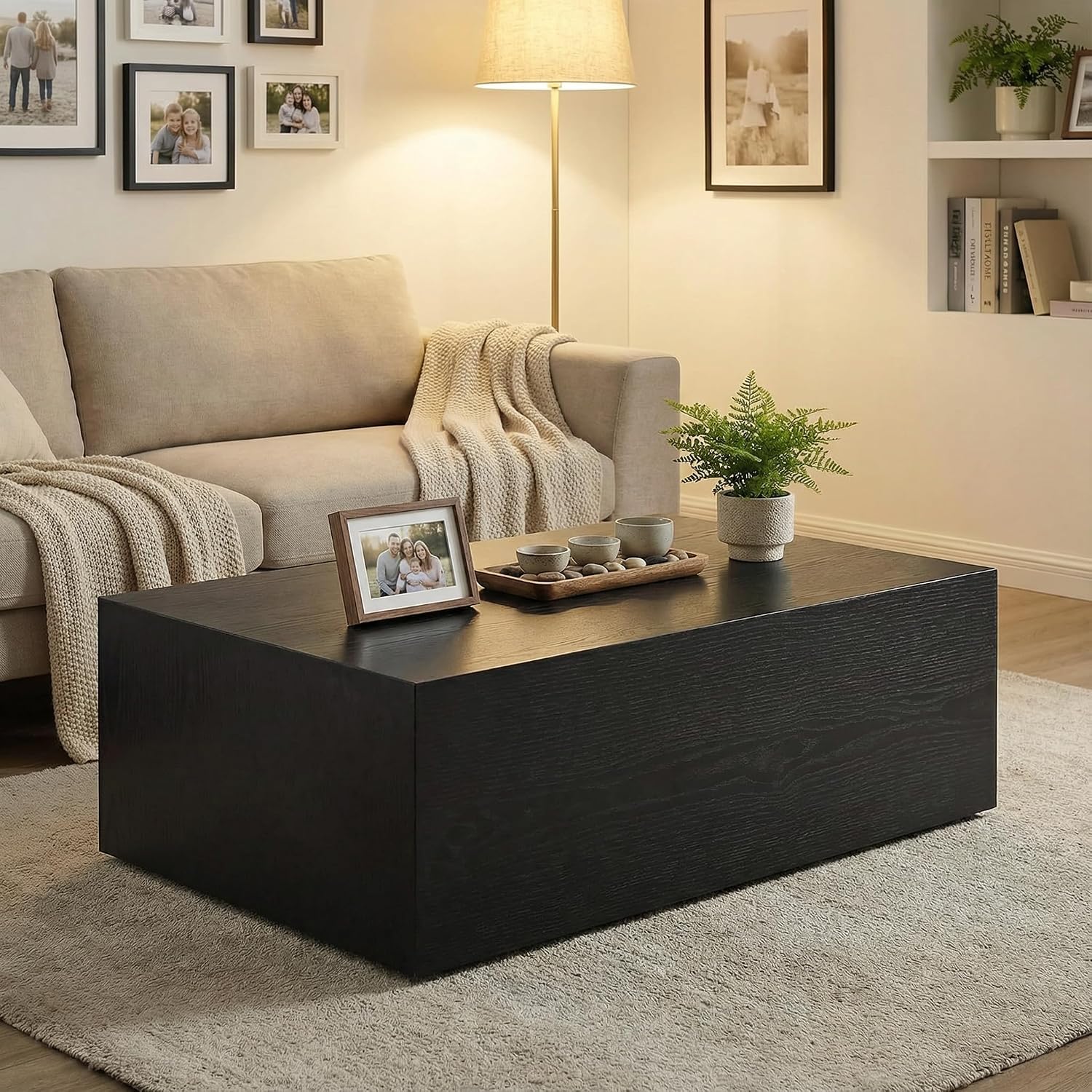 Rectangular Cube Coffee Tables, 300 lbs Minimalist Wood Cube Coffee Table, Low Profile Wood Block Coffee Tables with Anti-Slip Floor mats, with livingroom/Apartment Modern Coffee Table, Black