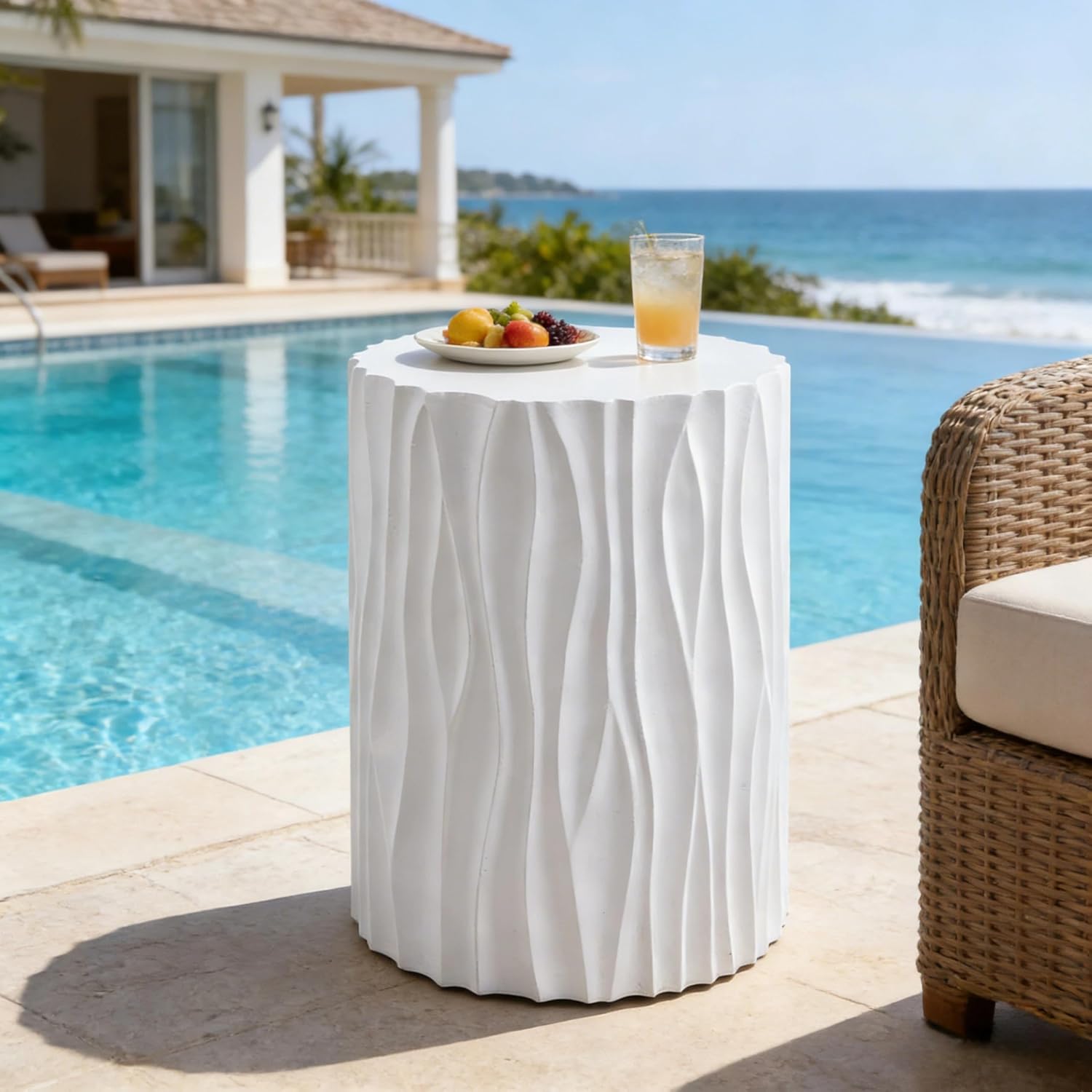 WILLIAMSPACE 15.75' Round Side Table with Wavy Fluted for Indoor & Outdoor, Modern Travertine Faux Marble Stone Small Coffee Table End Table, Magnesium Oxide, No Assembly, White