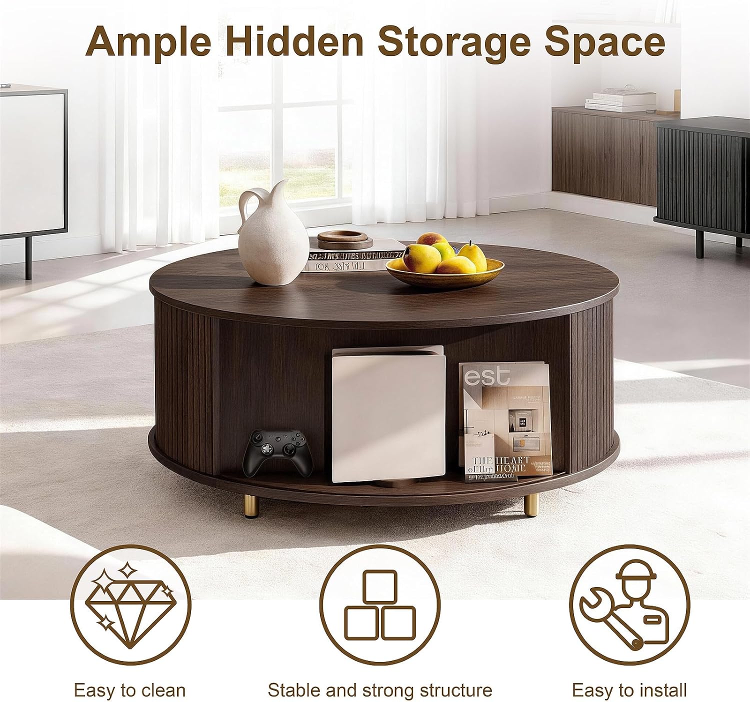DHH Round Coffee Table, 31.5' Mid Century Modern Coffee Table with 360° Sliding Tambour Door, Fluted Accent Coffee Table with Storage Adjustable Footpads for Living Room (Dark Walnut)