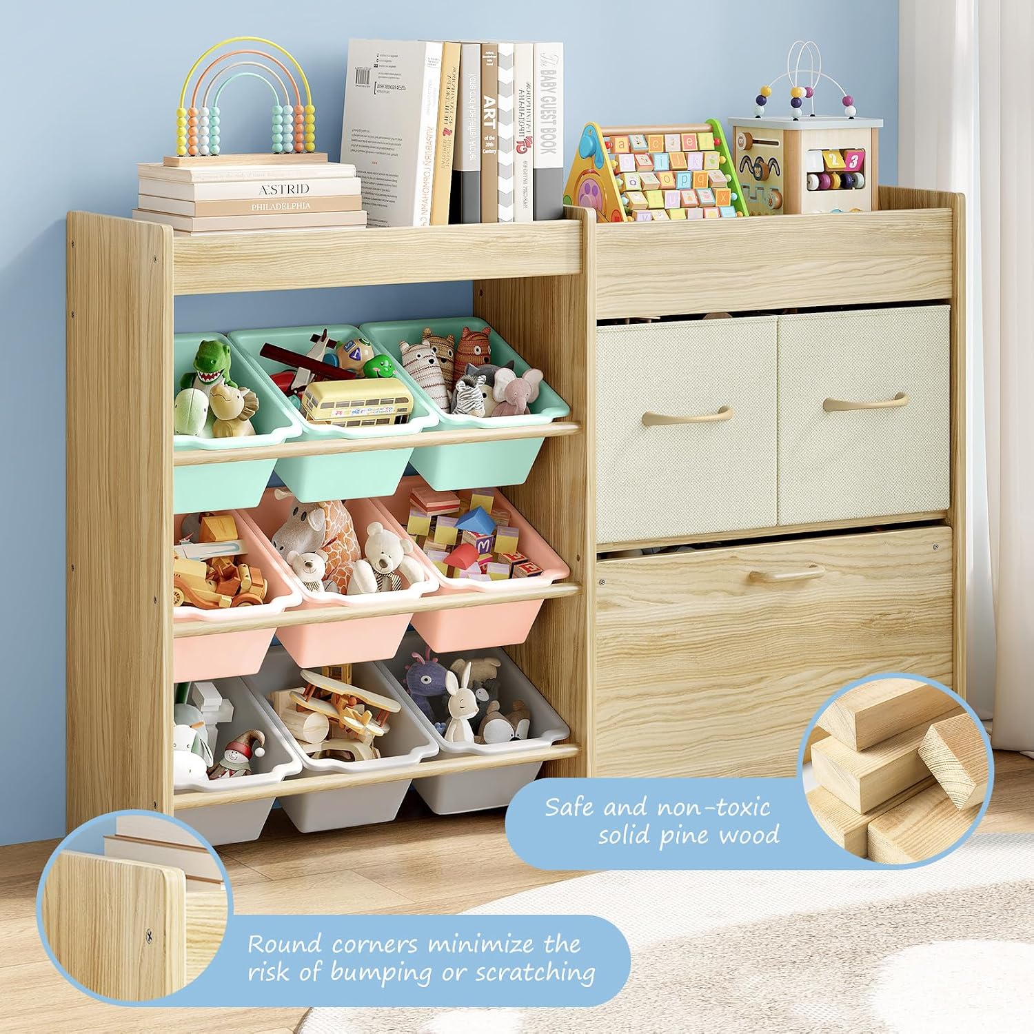 EXPERLAM Toy Storage Organizer for Kids, 9-Bin Toy Organizer with 2-Drawers,Movable Toy Chest and Top Rack, Kids Bookshelf and Toy Storage for Playroom, Bedroom, Nursery, Multi-Color