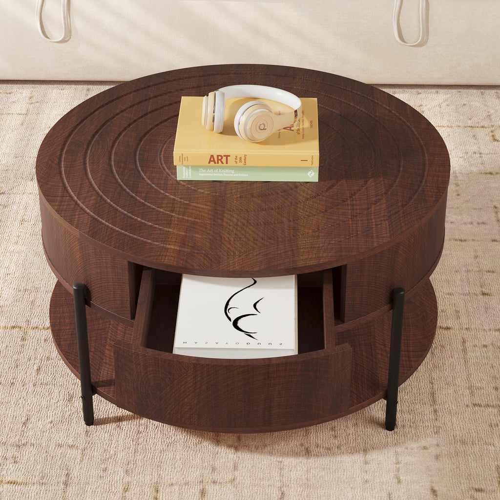 RARZOE 30.5' Round Coffee Table with Storage, Wooden Circle Coffee Table with Drawer, Storage Shelf, Metal Legs，Small Dining Table Accent Center Table for Living Room Home Office Apartment,Dark Brown