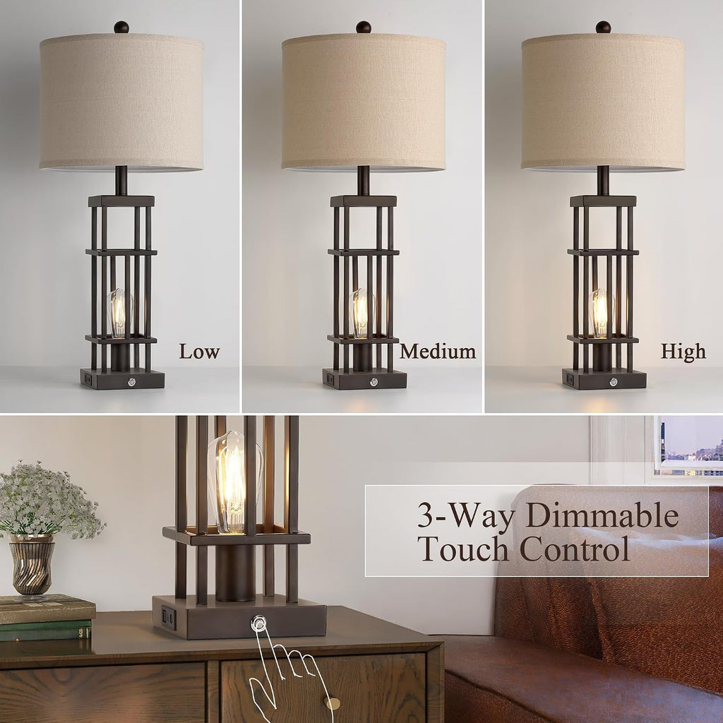 29.5' Table Lamps for Living Room Set of 2, Farmhouse Table Lamps with USB C+A Ports, Touch Control Bedside Lamps with Oil Rubbed Bronze Finish, Bulbs Included