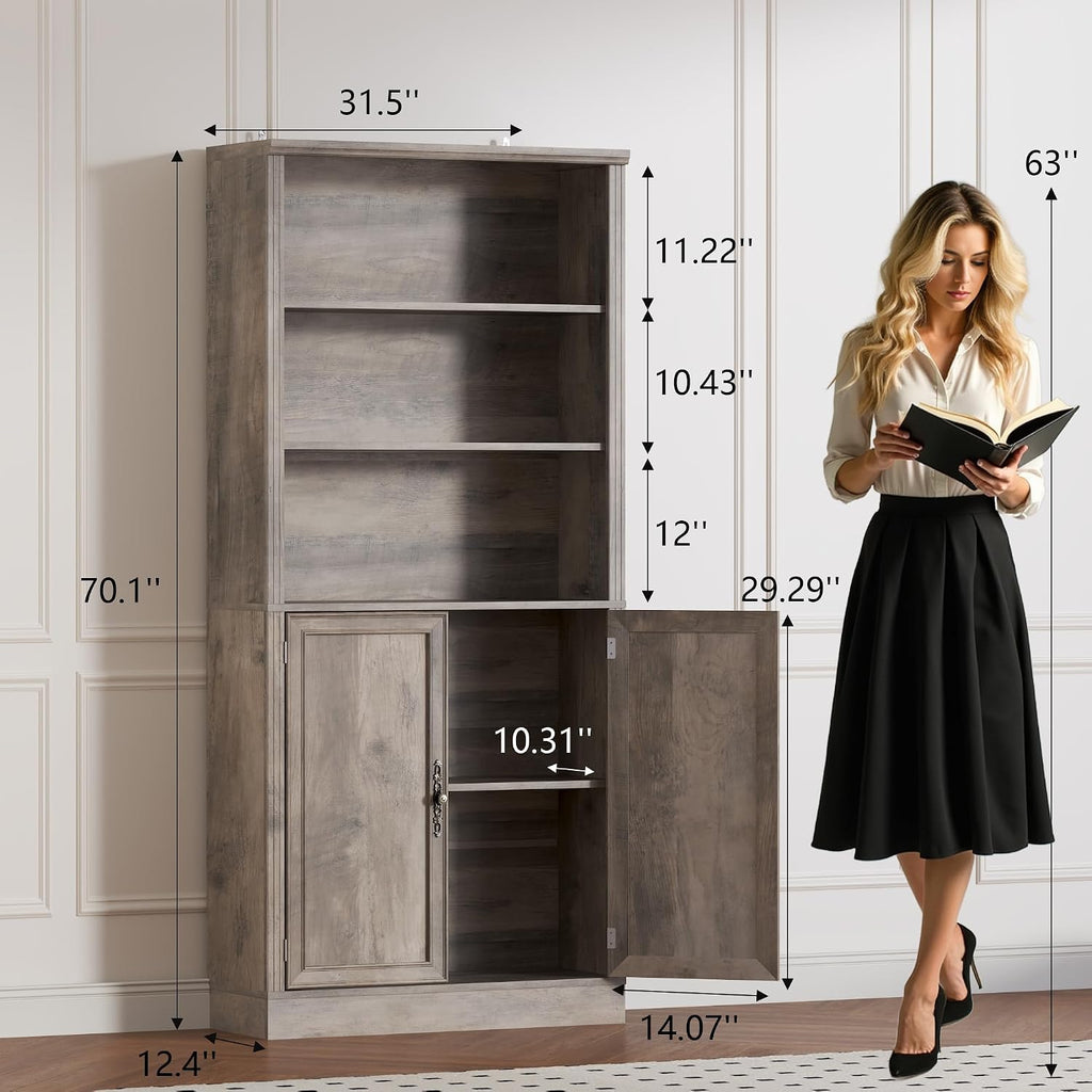 BORNOON 70.1' Tall Bookshelf with Cabinet, 5-Tier Floor Standing Bookcase with Doors & Adjustable Shelves, 31.5' Wide Storage Shelf, Metal Handles, Modern Organizer for Home Office, Living Room