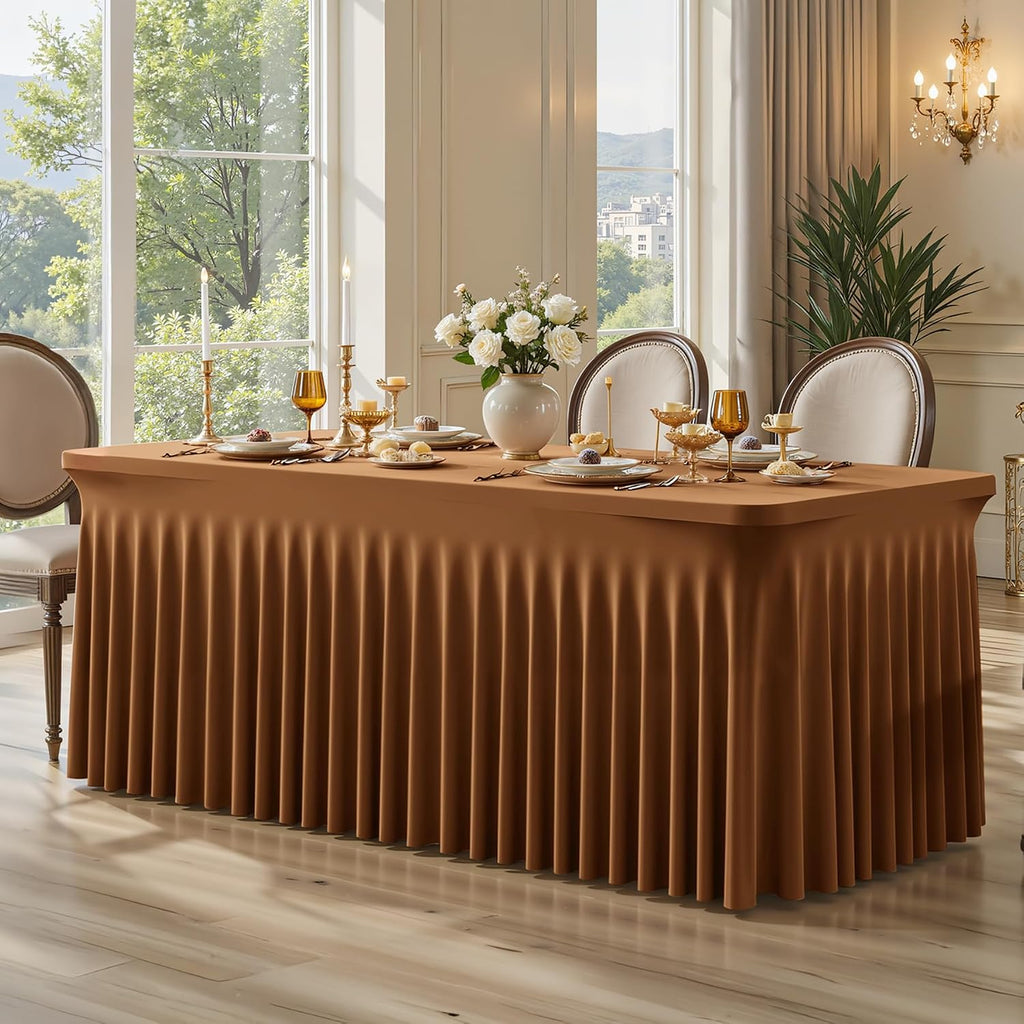 6 Pack Brown Spandex Fitted Tablecloth 8 Foot - Stretch Table Clothes for 8 FT Rectangle Table, Washable Ruffles Elastic for Weddings, Buffet, Banquet, Trade Craft Show, Party Celebration