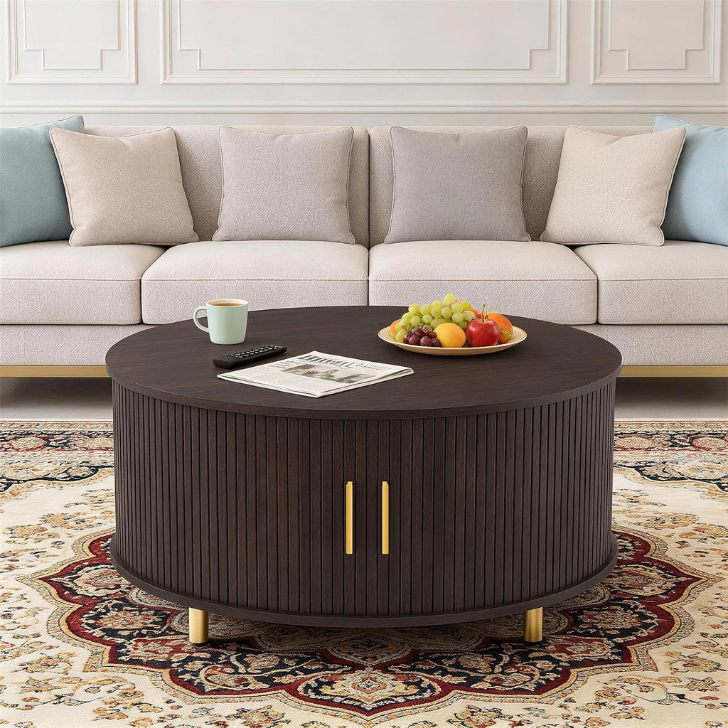 DHH Round Coffee Table, 31.5' Mid Century Modern Coffee Table with 360° Sliding Tambour Door, Fluted Accent Coffee Table with Storage Adjustable Footpads for Living Room (Dark Walnut)