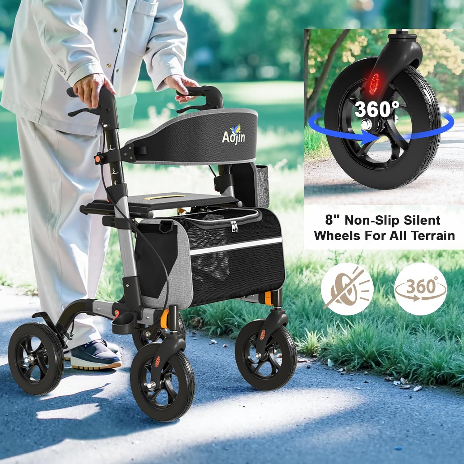 Walkers for Seniors, Rollator Walker with Seat, 350 lb Weight Capacity, 18' Big Seat, 8' All-Terrain Wheels, 6-Level Adjustable Height, Lightweight Aluminum Frame Rollator Walkers for Seniors (Silver)