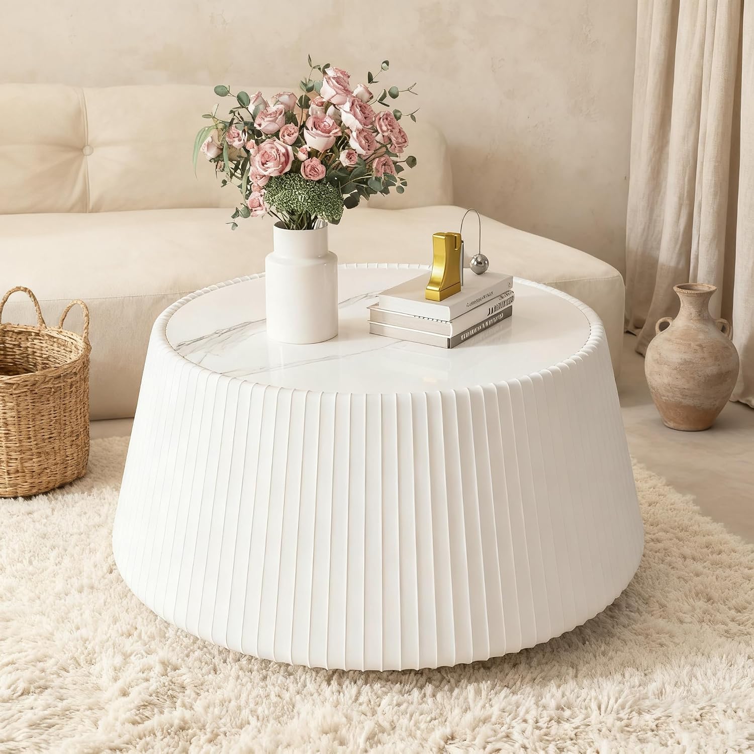 Round Coffee Table Set with Sintered Stone Tabletop, 26.77' White Drum Center Table and 19.68' Grey Coffee Table Set, 2 Pieces Living Room Table Set with Fluted PU Leather Cover& Stable Base