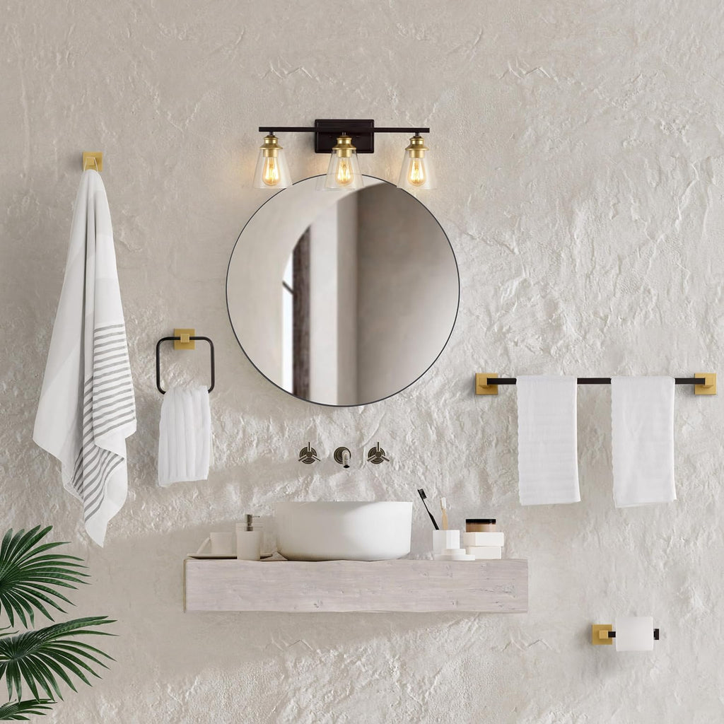 JONATHAN Y JYL1500B Arlo 22.88' 3-Light Vintage Classic Vanity Light with Bathroom Hardware Accessory Set, Oil Rubbed Bronze/Gold Painting (5-Piece) - Towel Bar & Ring, Toilet Paper Holder, Robe Hook